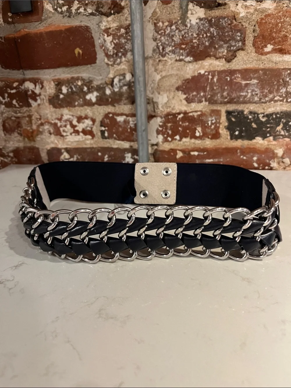 Women’s Navy Elastic Chain-Accent Belt